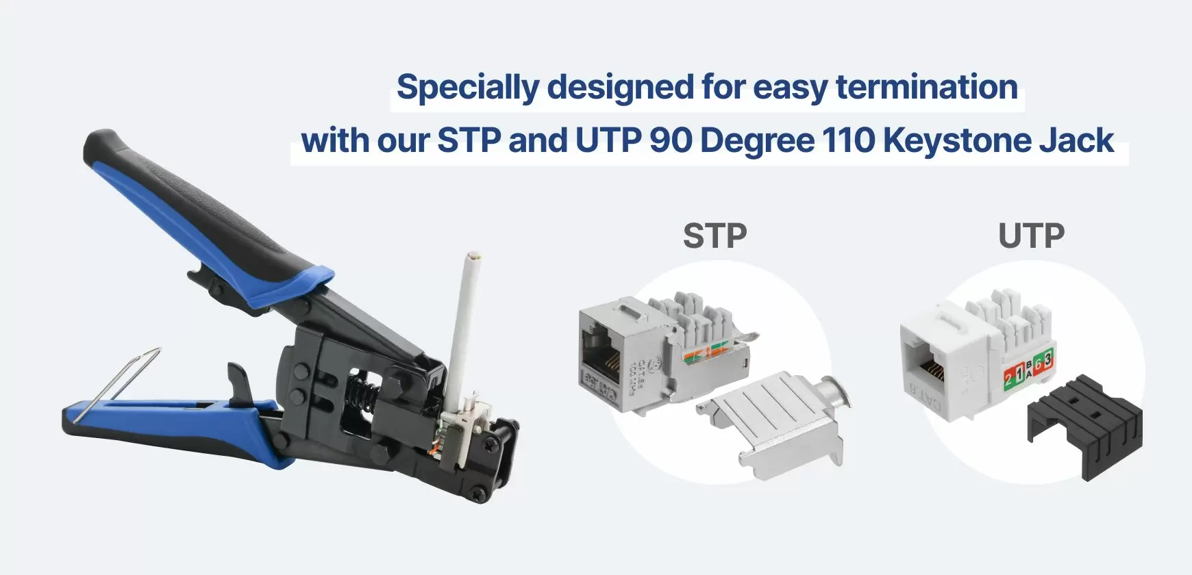 Gyors RJ45 Jack terminálás UTP és STP 90 fokos 110-es Keystone Jack segítségével