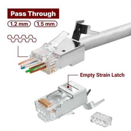 8P8C Cat 6A STP Easy Plug nagy külső átmérőjű moduláris csatlakozó üres feszültségmentesítővel